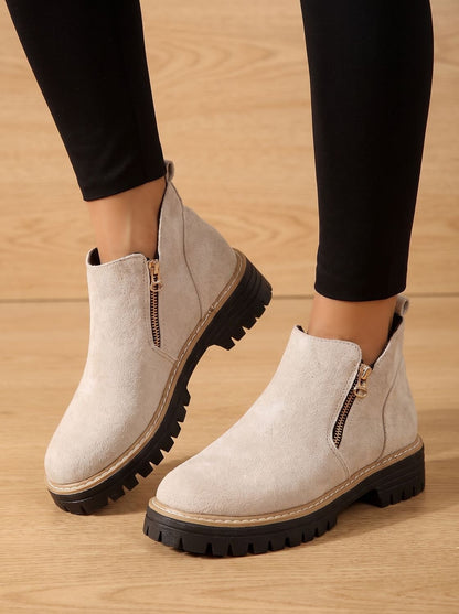 Homixa women's side-zip ankle boots with cushioned insole, arch support, and rugged lug sole, ideal for casual and stylish wear.