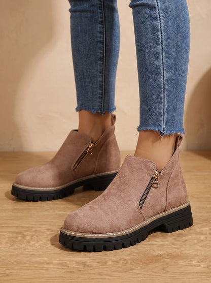 Homixa women's side-zip ankle boots with cushioned insole, arch support, and rugged lug sole, showcasing stylish and comfortable footwear.
