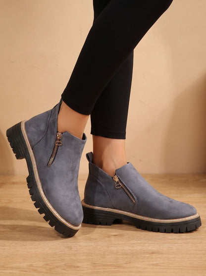 Homixa women's side-zip ankle boots with cushioned insole, arch support, and rugged lug sole for stylish, comfortable wear.
