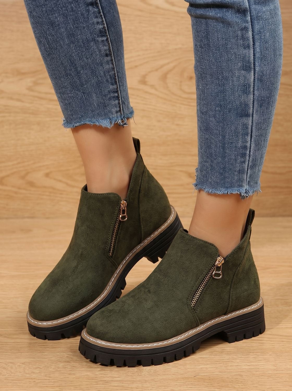 Homixa women's side-zip ankle boots with cushioned insole, arch support, and rugged lug sole, shown on a model.