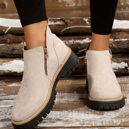 Homixa women's ankle boots with side zipper, low block heel, cushioned insole, and treaded sole for added grip.