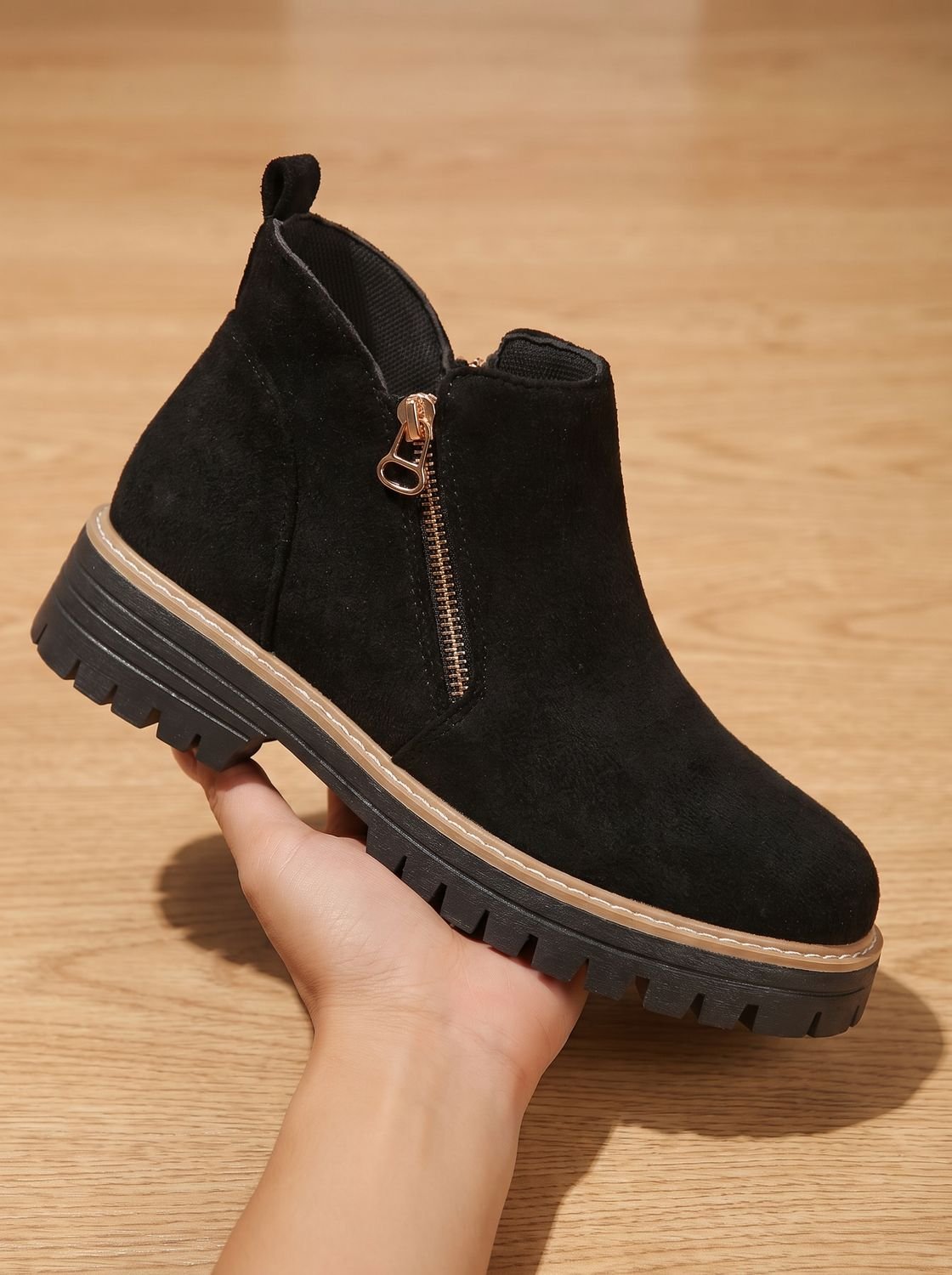Homixa women's ankle boots with side zipper, low block heel, cushioned insole, and treaded rubber sole for grip.