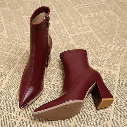Homixa women's leather ankle boots with side zipper, pointed toe, and chunky block heel, perfect for stylish casual wear.