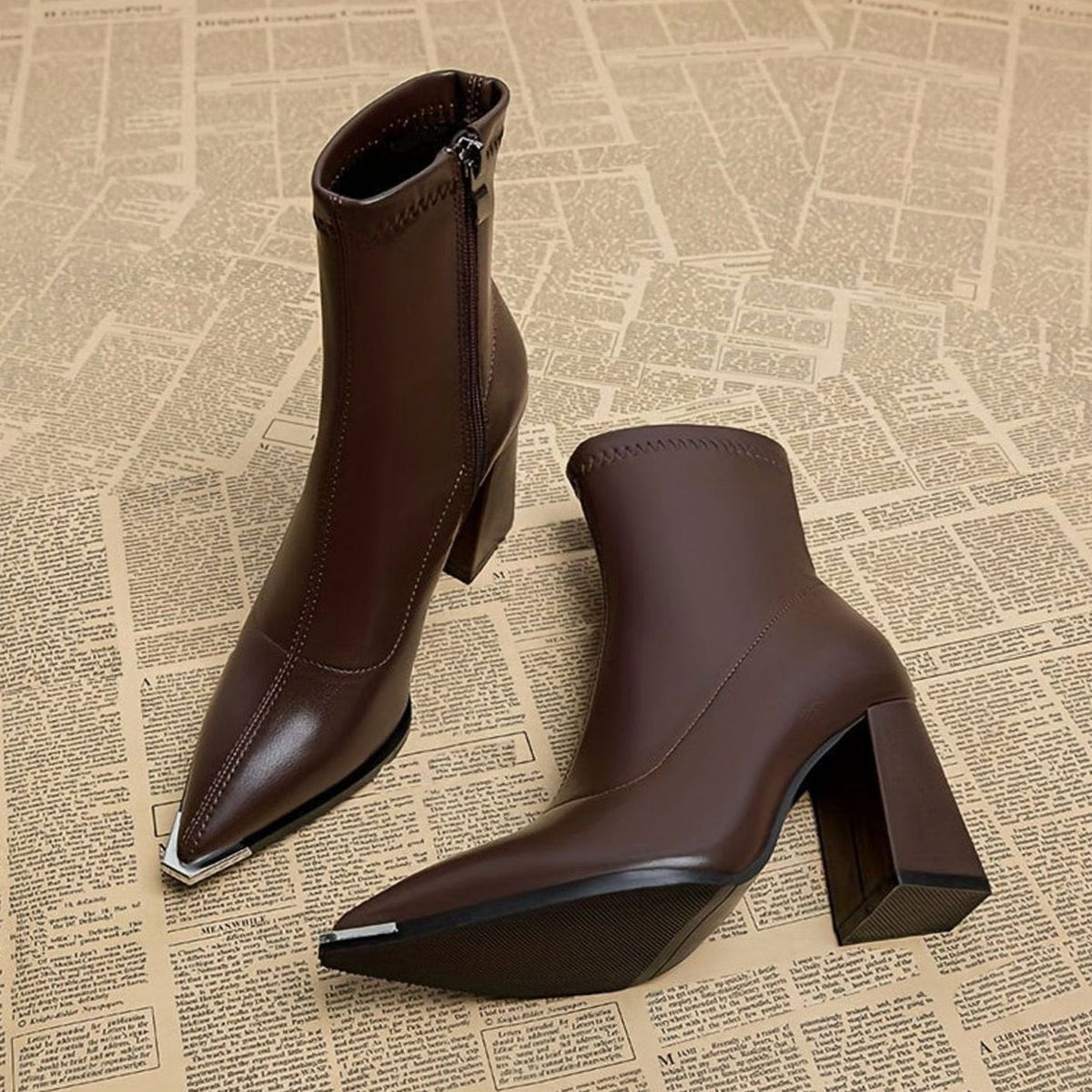 Homixa women's leather ankle booties with side zipper, pointed toe, and chunky block heel, stylish and versatile footwear.