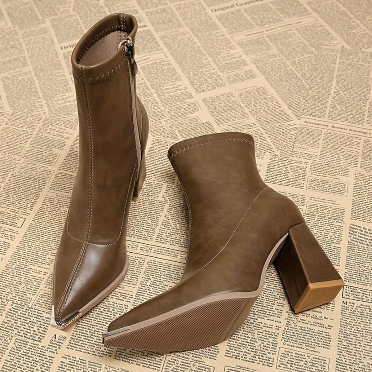 Homixa women's leather ankle booties with side zipper, pointed toe, and chunky block heel, stylish and versatile footwear.