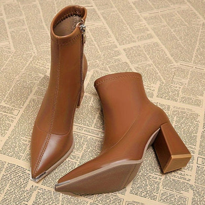 Homixa women's leather ankle boots with side zipper, pointed toe, and chunky block heel, showcasing stylish and comfortable footwear.