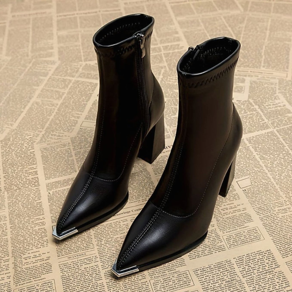 Homixa women's leather ankle boots with side zipper, pointed toe, and chunky block heel, stylish and versatile footwear.