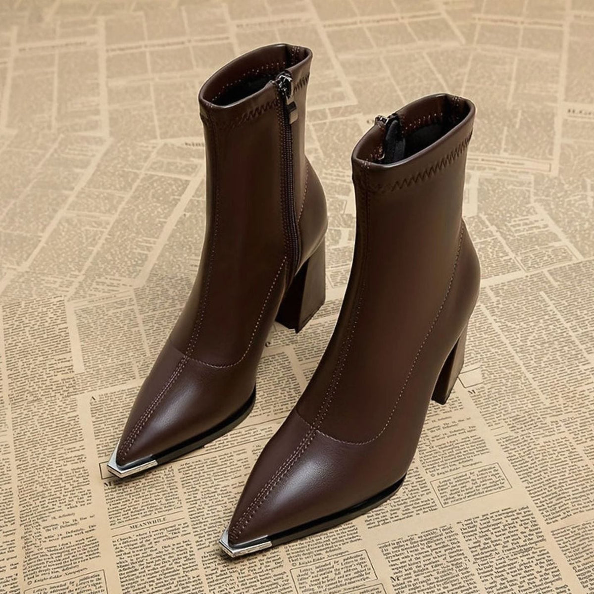 Homixa women's leather ankle boots with side zip, pointed toe, and chunky block heel, stylish and versatile footwear.
