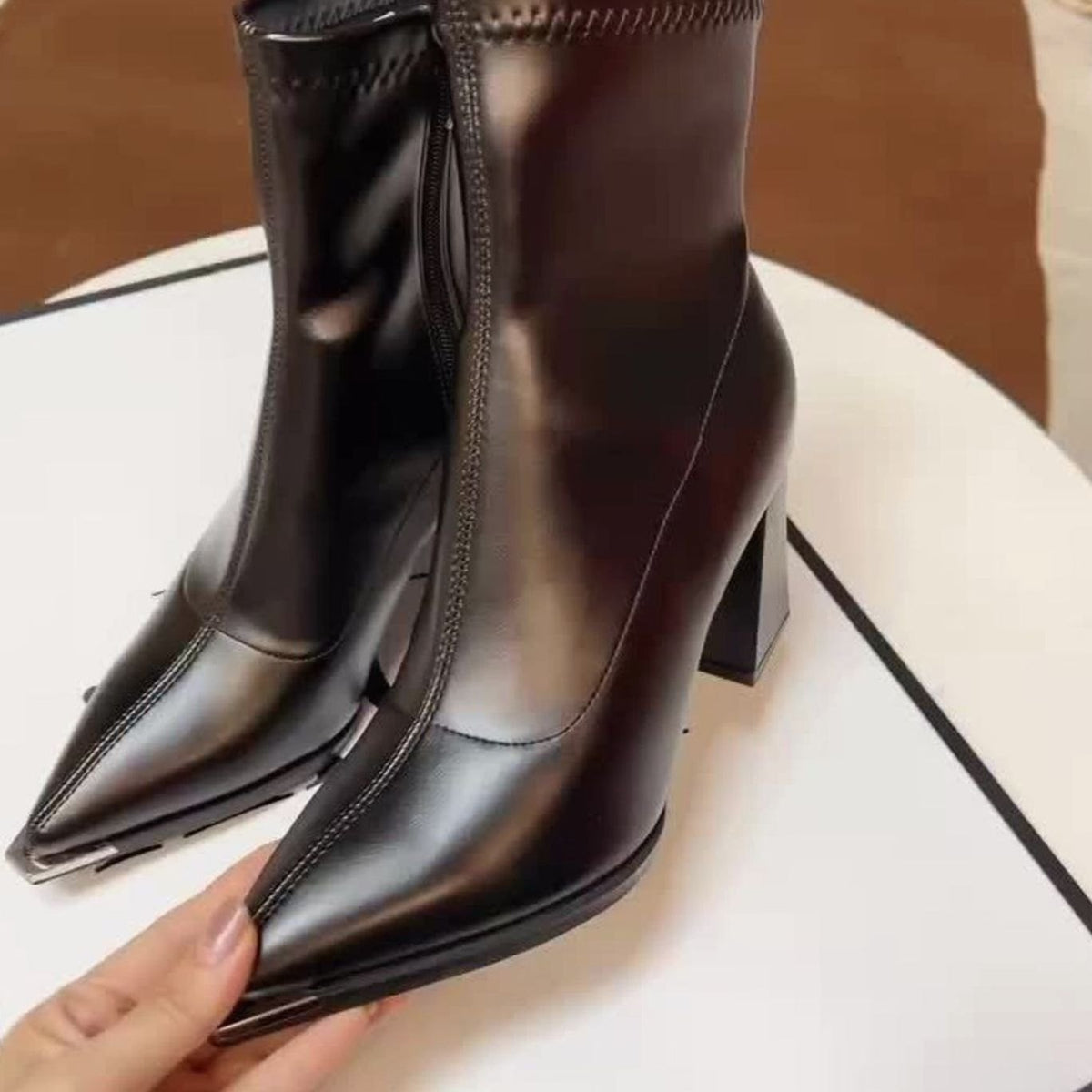 Homixa women's leather ankle boots with side zipper, pointed toe, and chunky block heel, stylish and versatile for everyday wear.