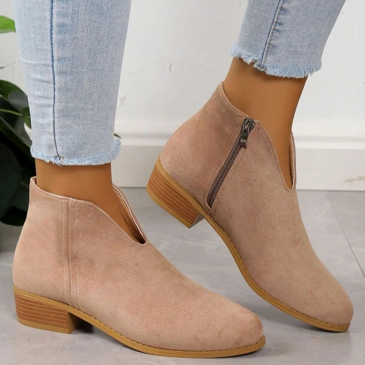 Homixa women's side-zip pointed-toe ankle booties with block heel and V-cut ankle shaft, stylish and modern footwear.