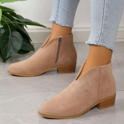 Homixa women's ankle boots with side zipper, pointed toe, V-cut ankle shaft, and block heel, stylish and versatile footwear.