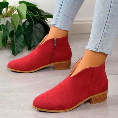 Homixa women's ankle boots with side zipper, pointed toe, block heel, and V-cut ankle shaft, stylish and versatile footwear.