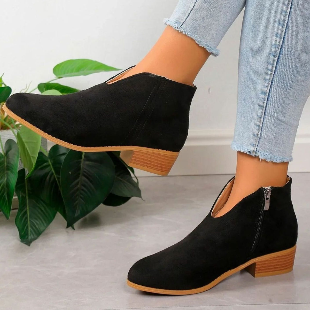 Homixa women's side-zip pointed-toe ankle booties with block heel and V-cut ankle shaft, stylish and modern footwear.