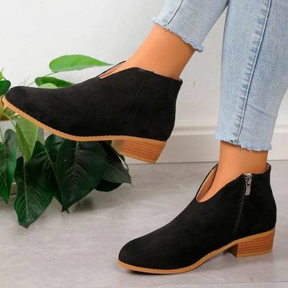 Homixa women's side-zip pointed-toe ankle booties with block heel and V-cut ankle shaft, stylish and modern footwear.
