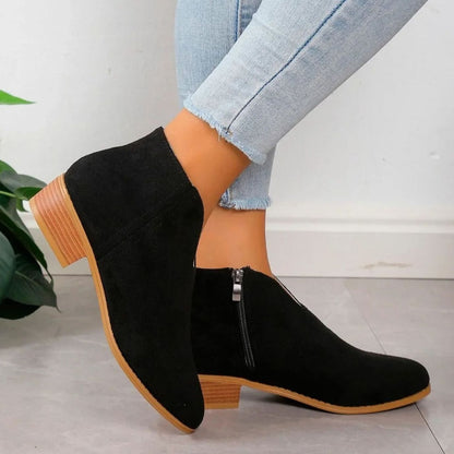 Homixa women's side-zip pointed-toe ankle booties with block heel and V-cut ankle shaft, stylish and modern footwear.