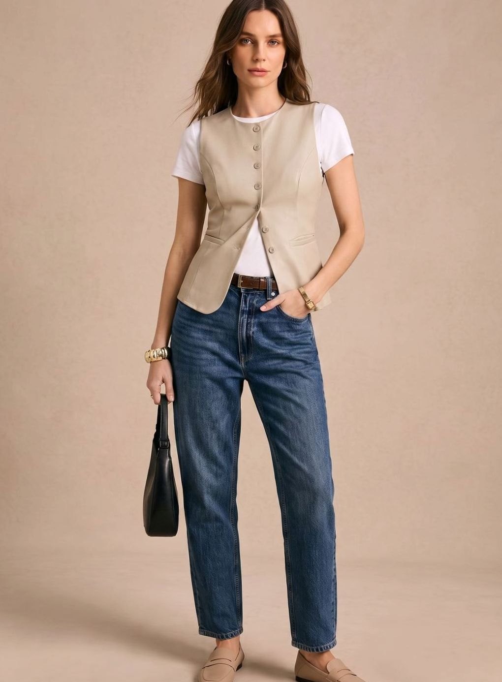 Women's sleeveless button-front vest by Homixa featuring a fitted waist and curved front hem, displayed on a neutral background.