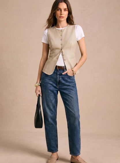 Women's sleeveless button-front vest by Homixa featuring a fitted waist and curved front hem, displayed on a neutral background.