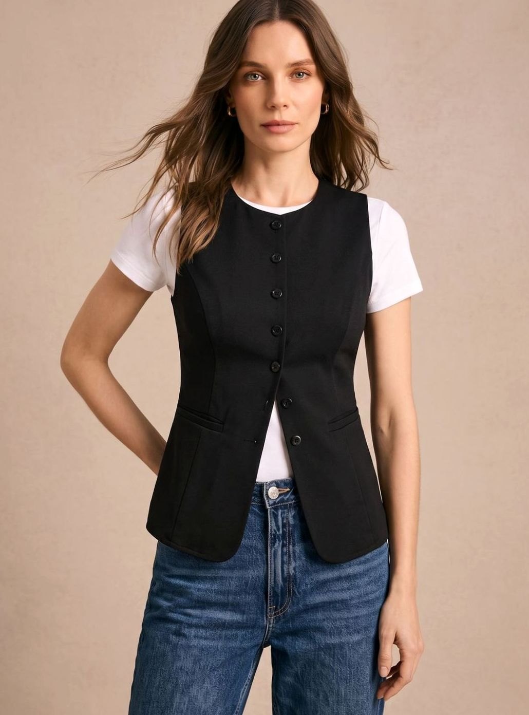 Women's sleeveless button-front vest by Homixa featuring a fitted waist and curved front hem, styled for a modern look.