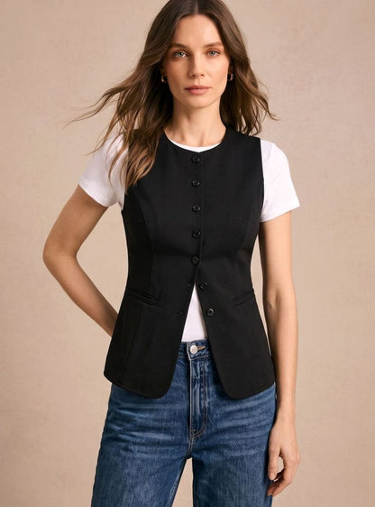 Women's sleeveless button-front vest by Homixa featuring a fitted waist and curved front hem, styled for a modern look.