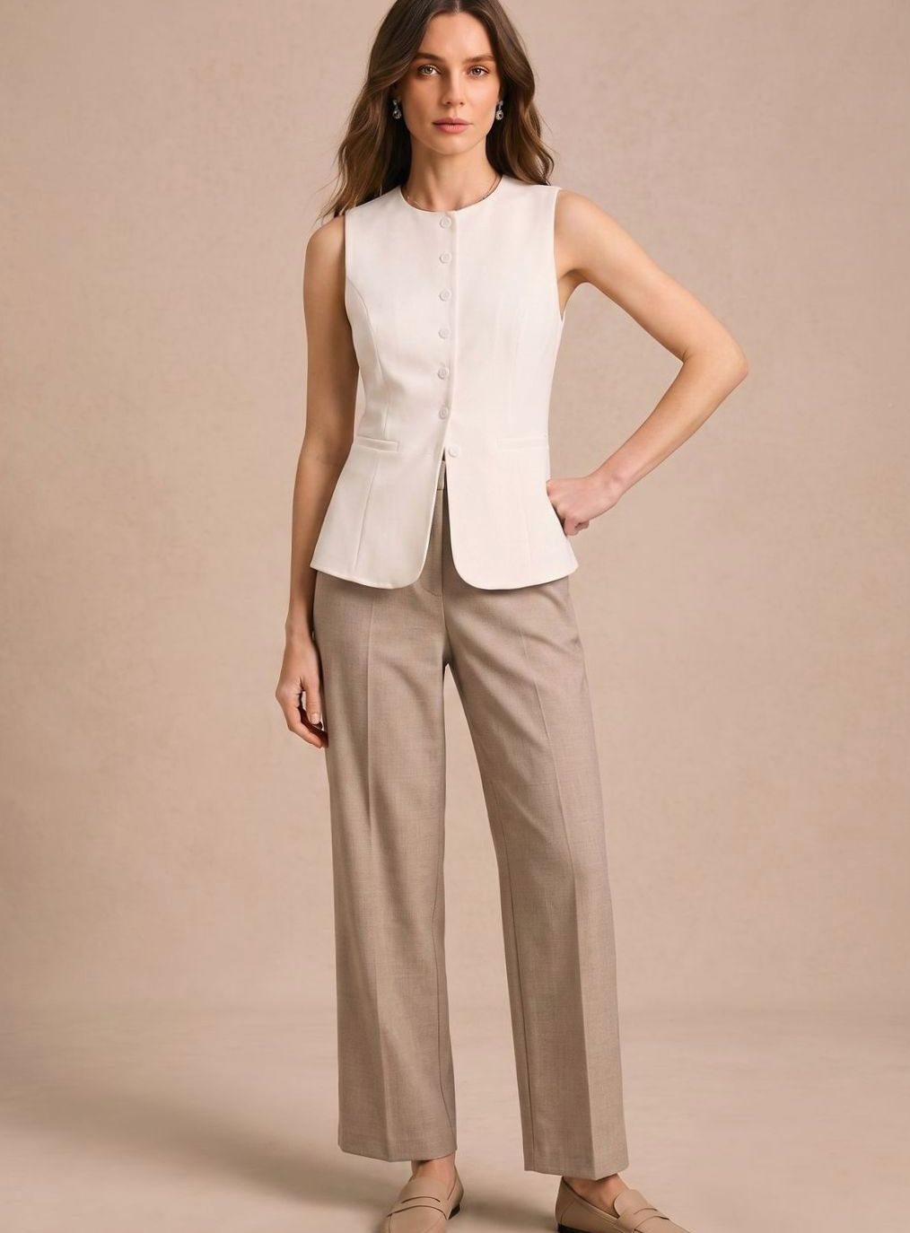 Women's sleeveless button-front vest by Homixa featuring a fitted waist and curved front hem, shown on a model.