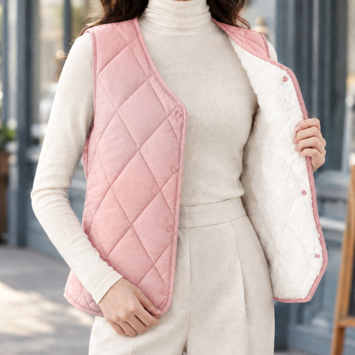 Women's sleeveless diamond-quilted vest by Homixa with Sherpa lining and snap front, displayed on a mannequin.