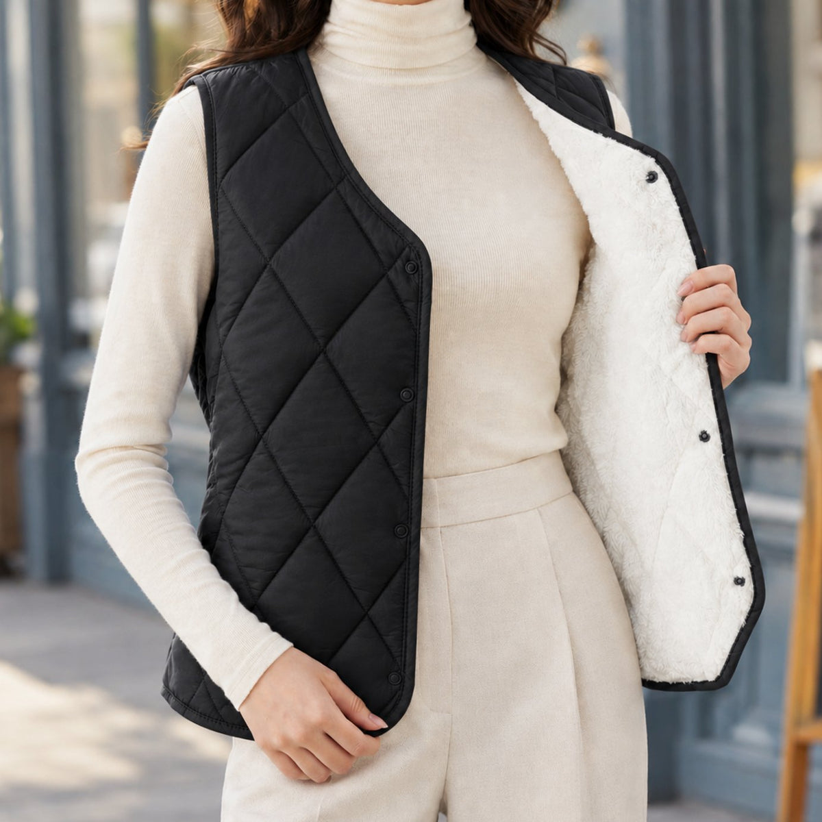 Women's Homixa sleeveless diamond-quilted vest with sherpa lining and snap front, showcasing the cozy, stylish design.