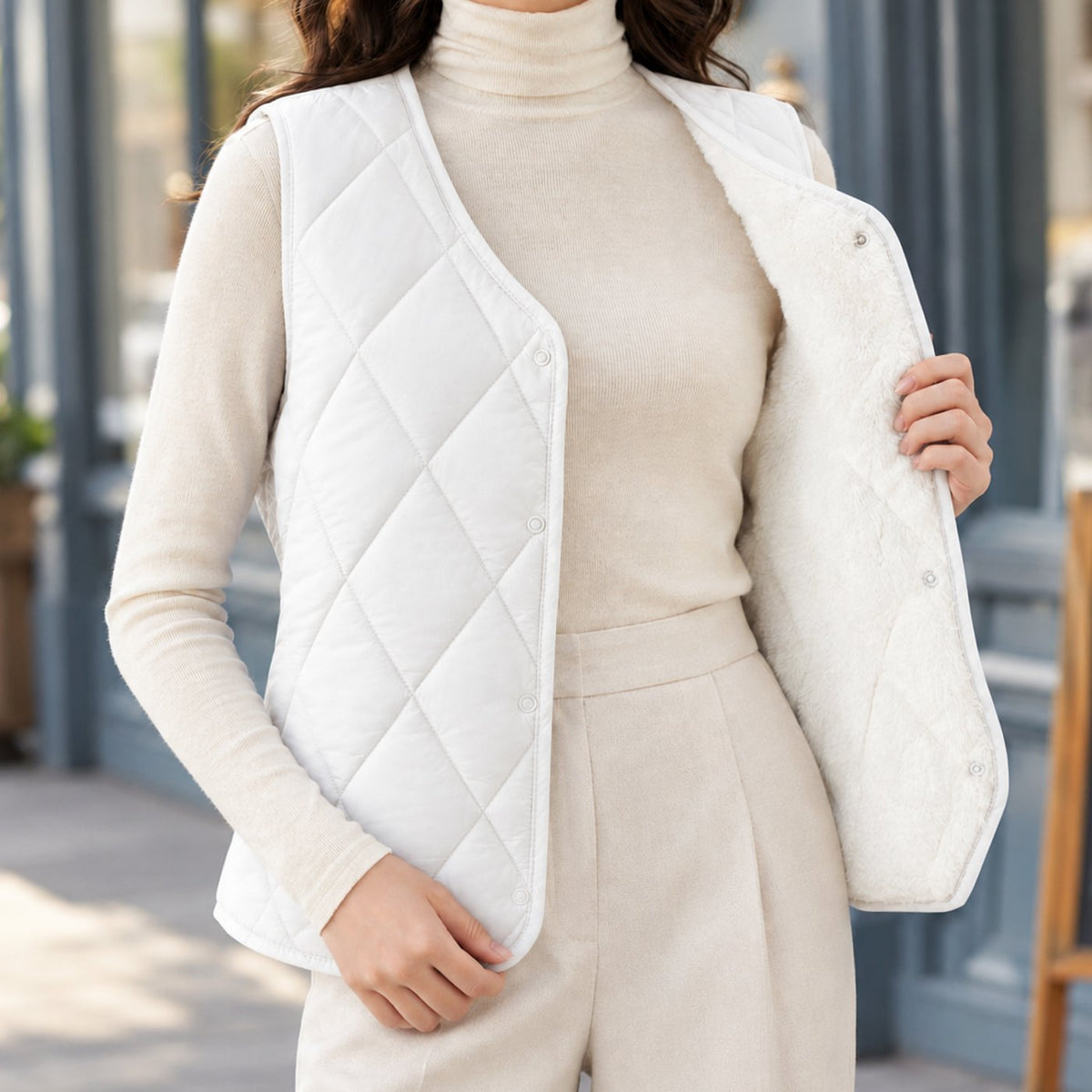 Women's sleeveless diamond-quilted vest by Homixa with sherpa lining and snap front, displayed on a hanger.