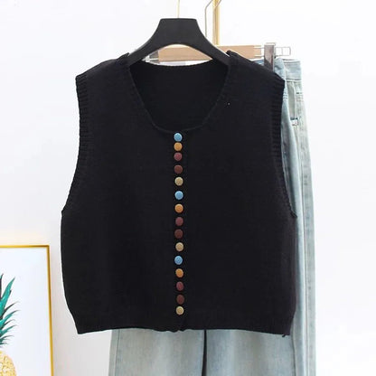 Women's sleeveless knit vest by Homixa, featuring a multicolored button front and classic crew neck design.