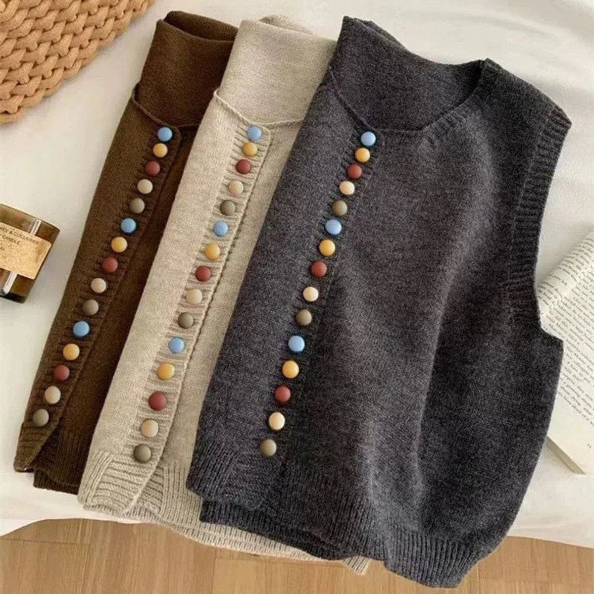 Women's sleeveless knit vest with multicolored buttons and crew neckline by Homixa, featuring a stylish button-front design.