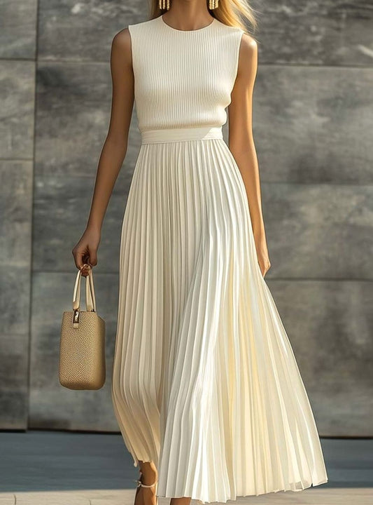 Women's sleeveless maxi dress by Homixa with ribbed-knit bodice and flowing pleated skirt, perfect for warm weather.