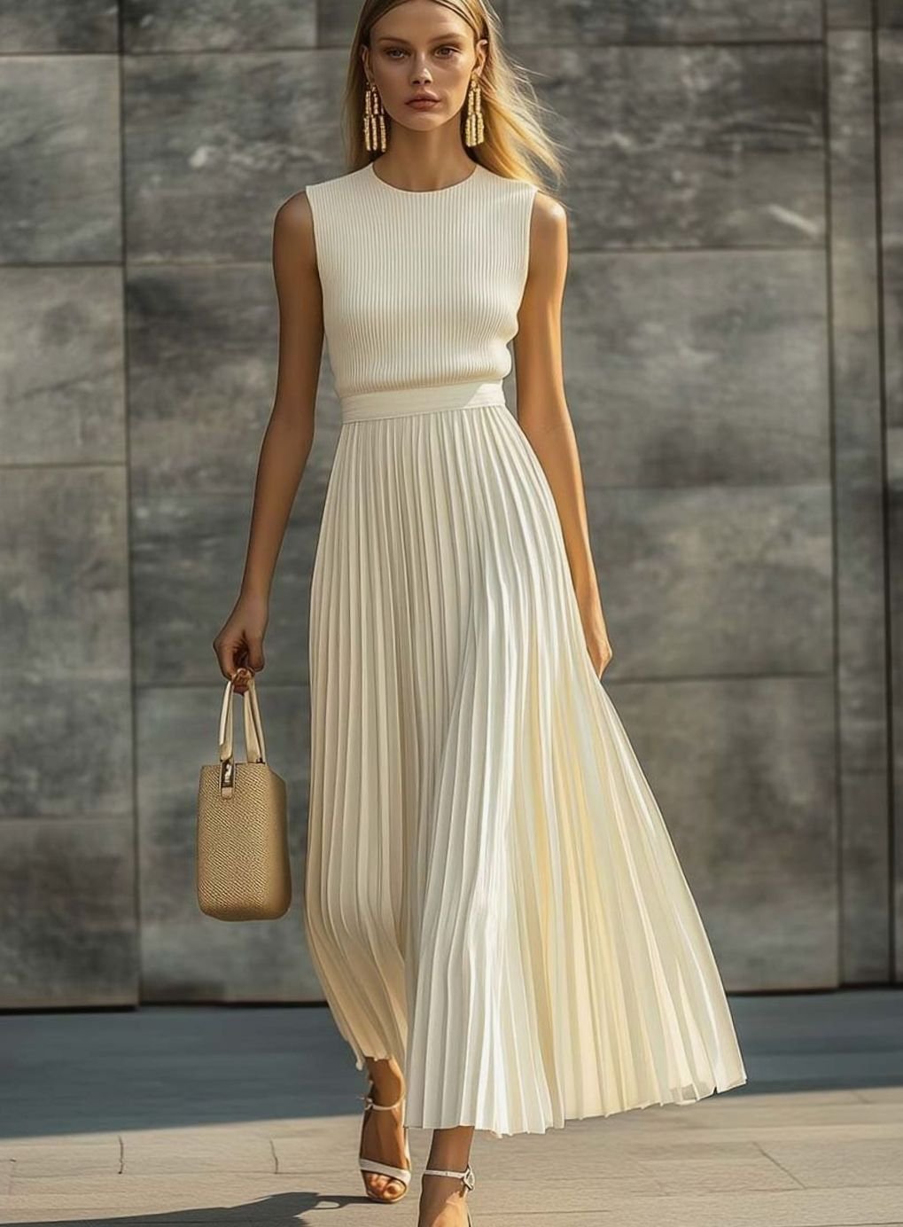 Women’s sleeveless maxi dress by Homixa featuring a ribbed-knit bodice and flowing pleated skirt, perfect for elegant summer wear.