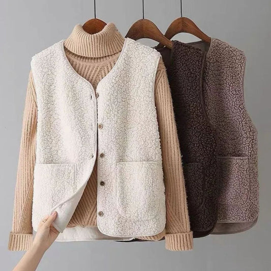 Women's sleeveless teddy fleece vest with V-neck, button front, and two pockets by Homixa, ideal for cozy layering.