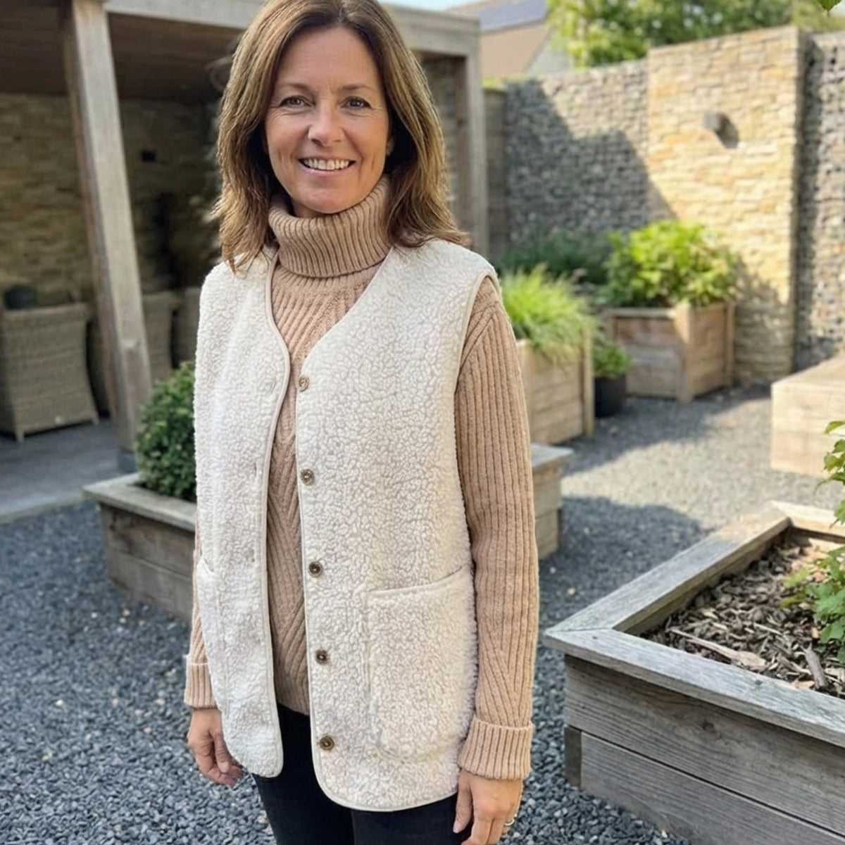 Women's sleeveless teddy fleece vest with V-neck, button front, and two pockets by Homixa, cozy and stylish outdoor layer.