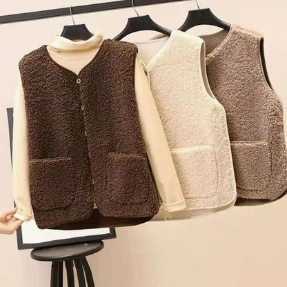 Women's sleeveless Teddy Fleece vest by Homixa with V-neck, button front, and two side pockets, perfect for cozy layered wear.