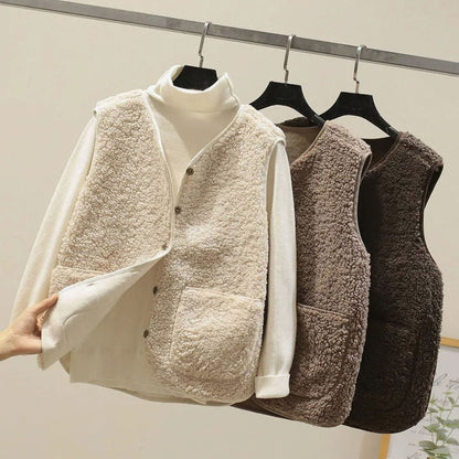Women's sleeveless V-neck Teddy Fleece vest by Homixa with button front and two pockets, soft and cozy for casual wear.