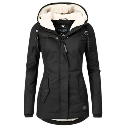 Women’s slim-fit water-resistant winter parka by Homixa with Sherpa-lined hood and adjustable drawstring.