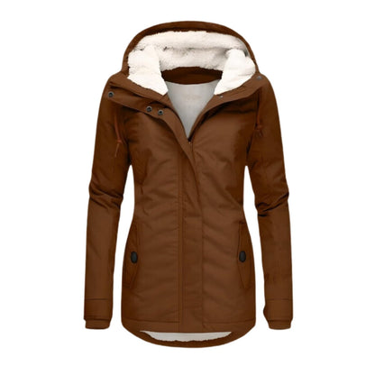 Women's slim-fit water-resistant winter parka by Homixa with Sherpa-lined hood and adjustable drawstring.