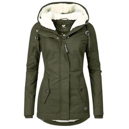 Women's slim-fit water-resistant winter parka by Homixa with Sherpa-lined hood and adjustable drawstring for warmth and style.