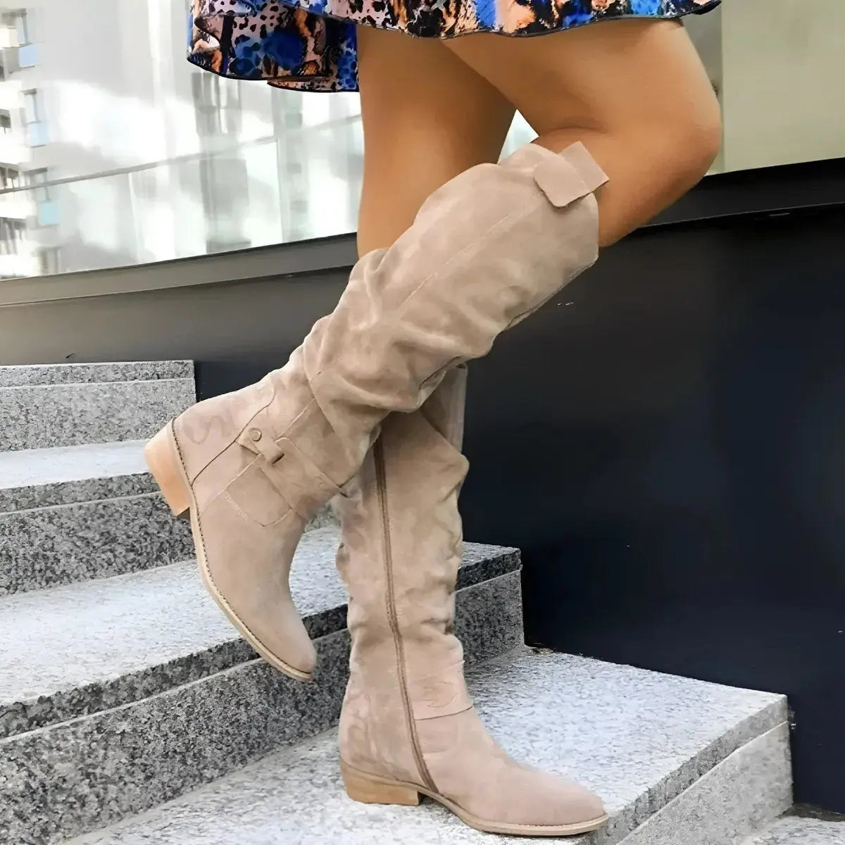 Women's slouchy suede-effect knee-high boots with gathered shaft and low block heel by Homixa, stylish and comfortable for everyday wear.
