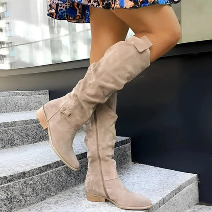 Women's slouchy suede-effect knee-high boots with gathered shaft and low block heel by Homixa, stylish and comfortable for everyday wear.