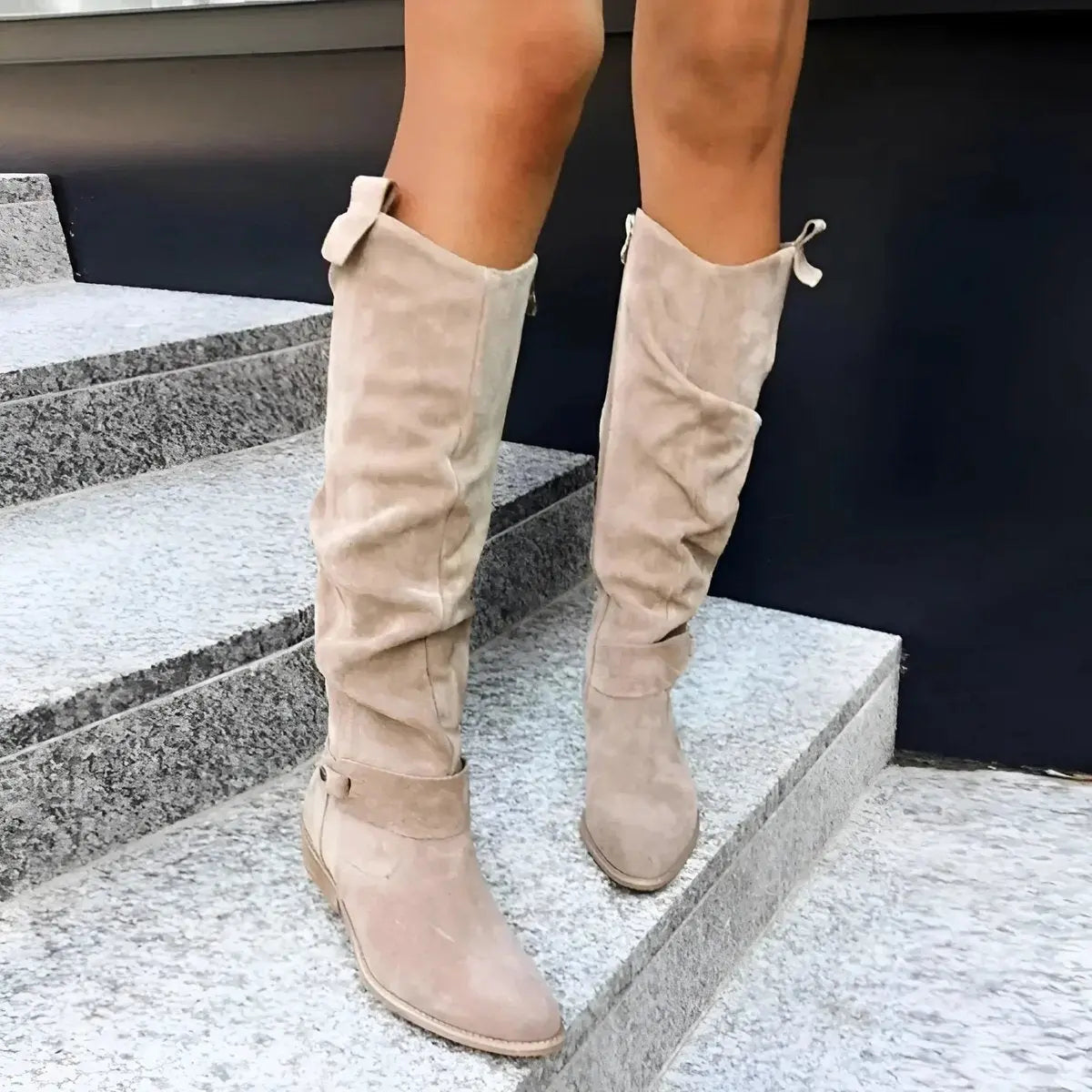 Women's slouchy suede-effect knee-high boots by Homixa with gathered shaft and low block heel, stylish and comfortable footwear.