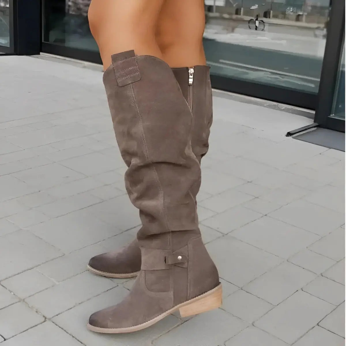 Women's slouchy suede-effect knee-high boots by Homixa with gathered shaft and low block heel, stylish and comfortable footwear.