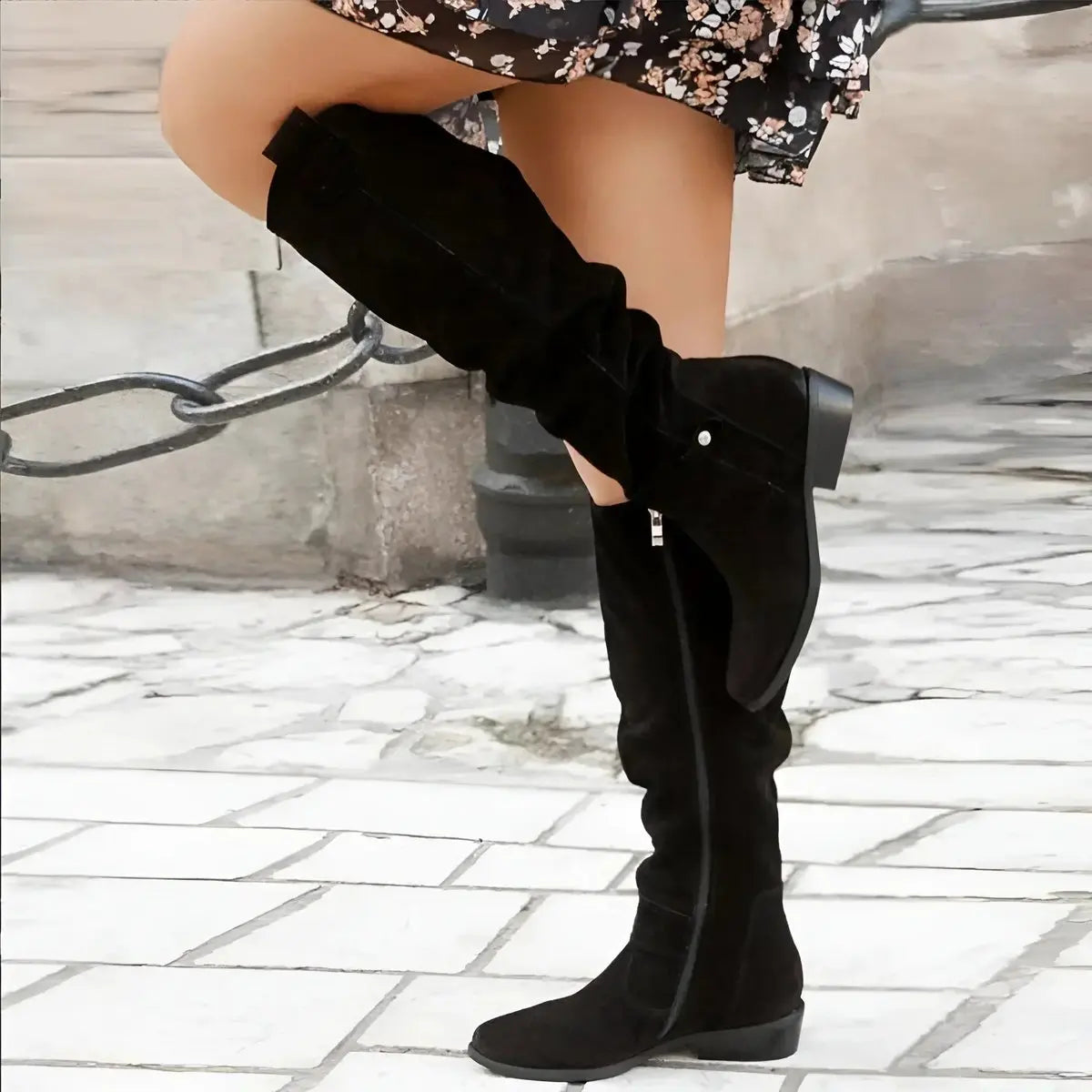 Women's slouchy suede-effect knee-high boots by Homixa with gathered shaft and low block heel, stylish and comfortable for everyday wear.