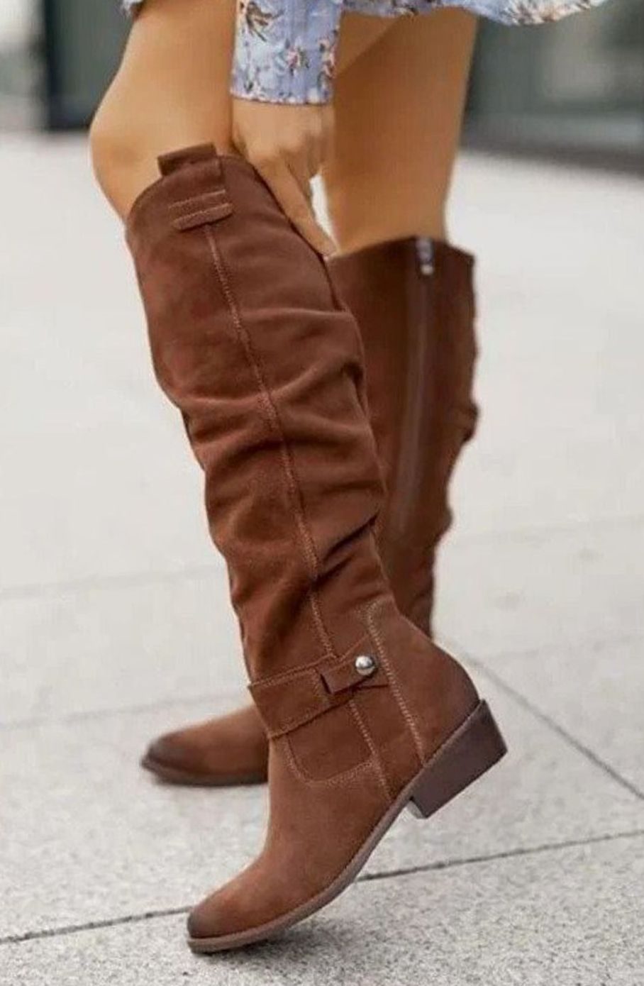 Women's slouchy suede-look tall boots by Homixa with low stacked heel and buckle strap, featuring a relaxed, stylish design.