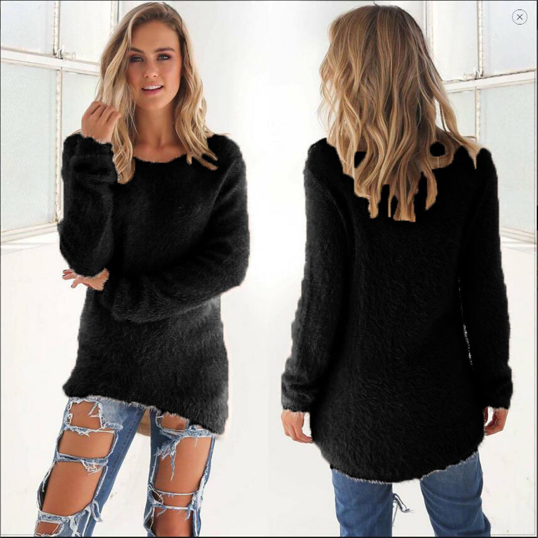 Women's fluffy pullover sweater with crew neck and long sleeves, soft and cozy, by Homixa.