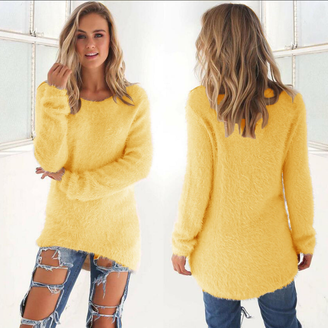 Women's soft and fluffy Homixa sweater with crew neck and long sleeves, perfect for cozy, casual wear.