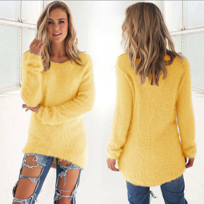 Women's soft and fluffy Homixa sweater with crew neck and long sleeves, perfect for cozy, casual wear.