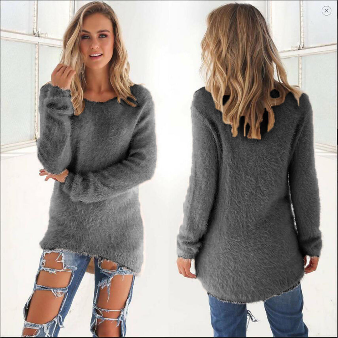 Women's fluffy Homixa sweater with crew neck and long sleeves, cozy and soft for comfortable winter wear.