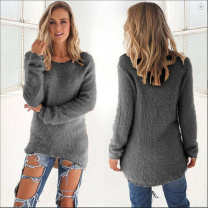 Women's fluffy Homixa sweater with crew neck and long sleeves, cozy and soft for comfortable winter wear.