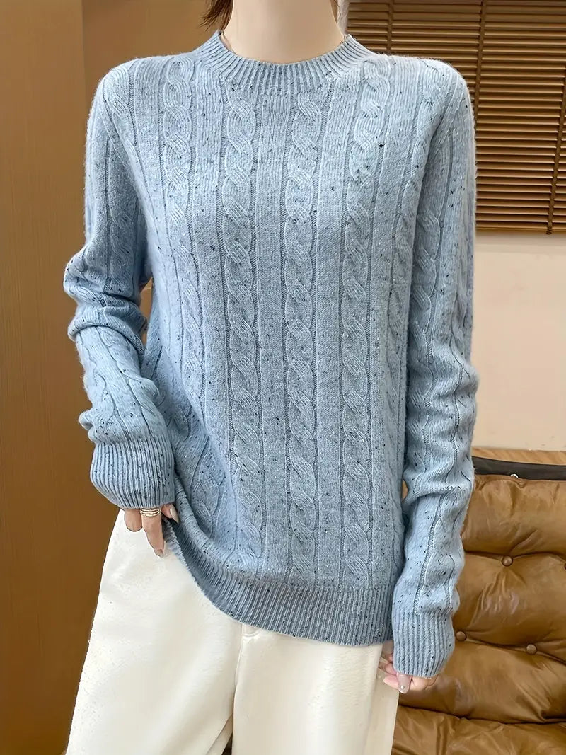 Women’s soft cable-knit crew-neck long-sleeve sweater by Homixa with a relaxed fit, perfect for cozy casual wear.
